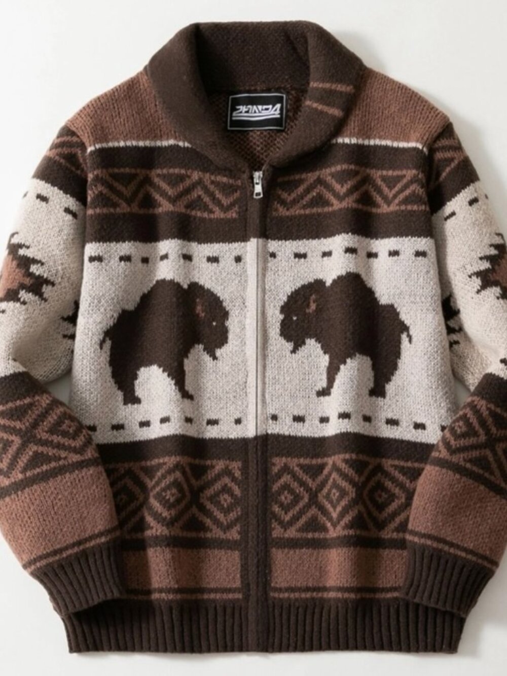 Southwestern Vintage Aztec Buffalo Zip-Up Knit Sweater - Picture 3 of 6